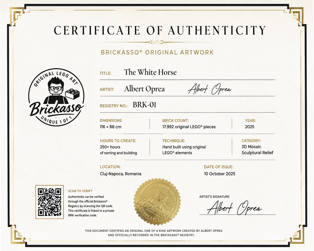 Detail of a Brickasso® Certificate of Authenticity